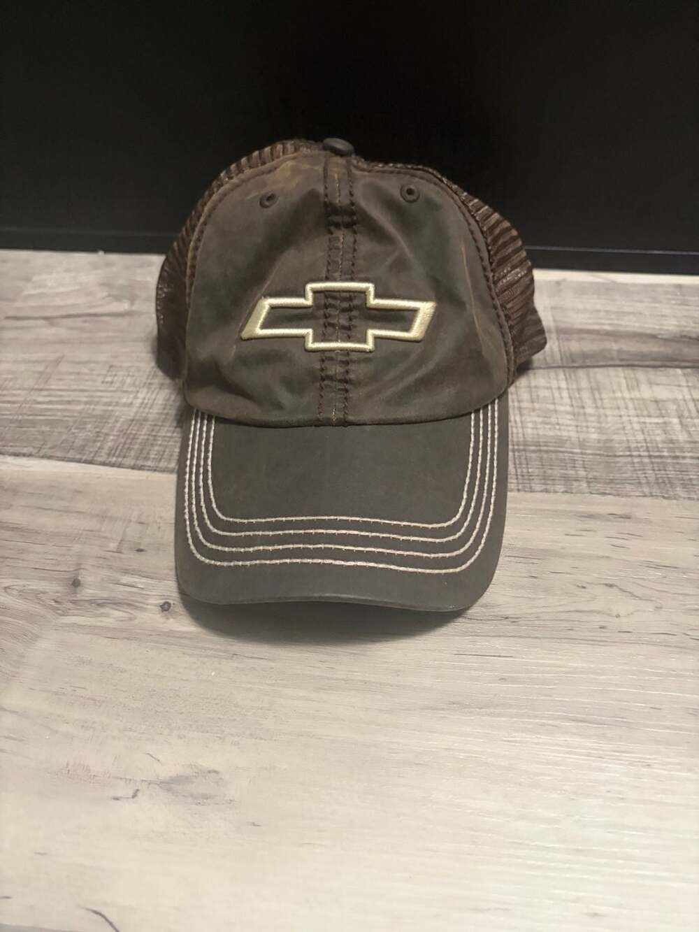 Chevrolet Brown Distressed Mesh Trucker Hat with Embroidered Bowtie Logo